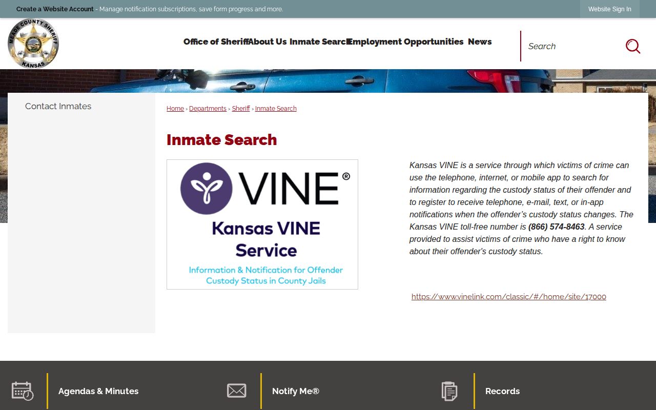 Meade County inmate search page linking to Kansas VINE